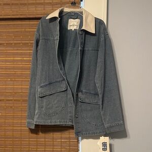 Oversized Denim Jacket with Cream Collar